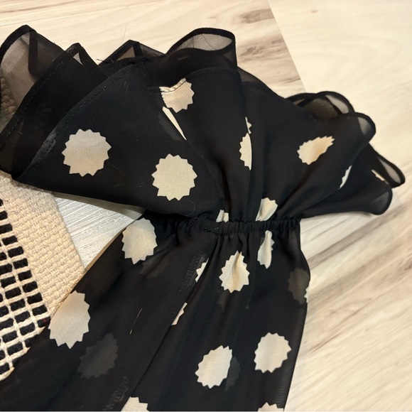 Black Sheer Polka Dot Flowy Long Sleeve Blouse, button front ruffle placket - Picture 4 of 9